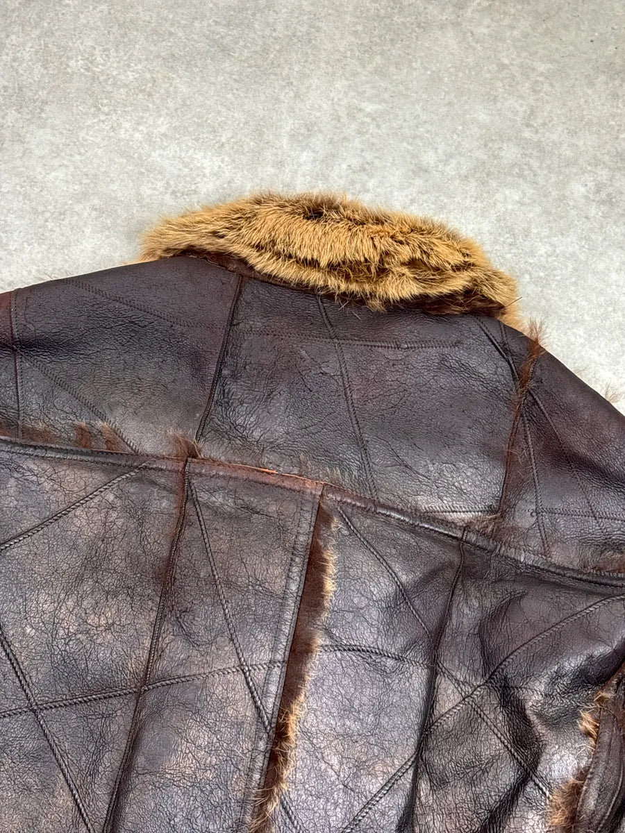AW2005 Roberto Cavalli Dark Brown Leather Rabbit Fur Patchwork Double-Breasted Coat dWDODtlq 10