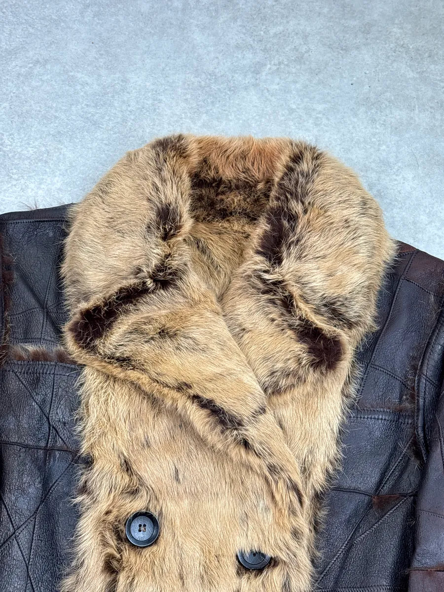 AW2005 Roberto Cavalli Dark Brown Leather Rabbit Fur Patchwork Double-Breasted Coat dWDODtlq 5