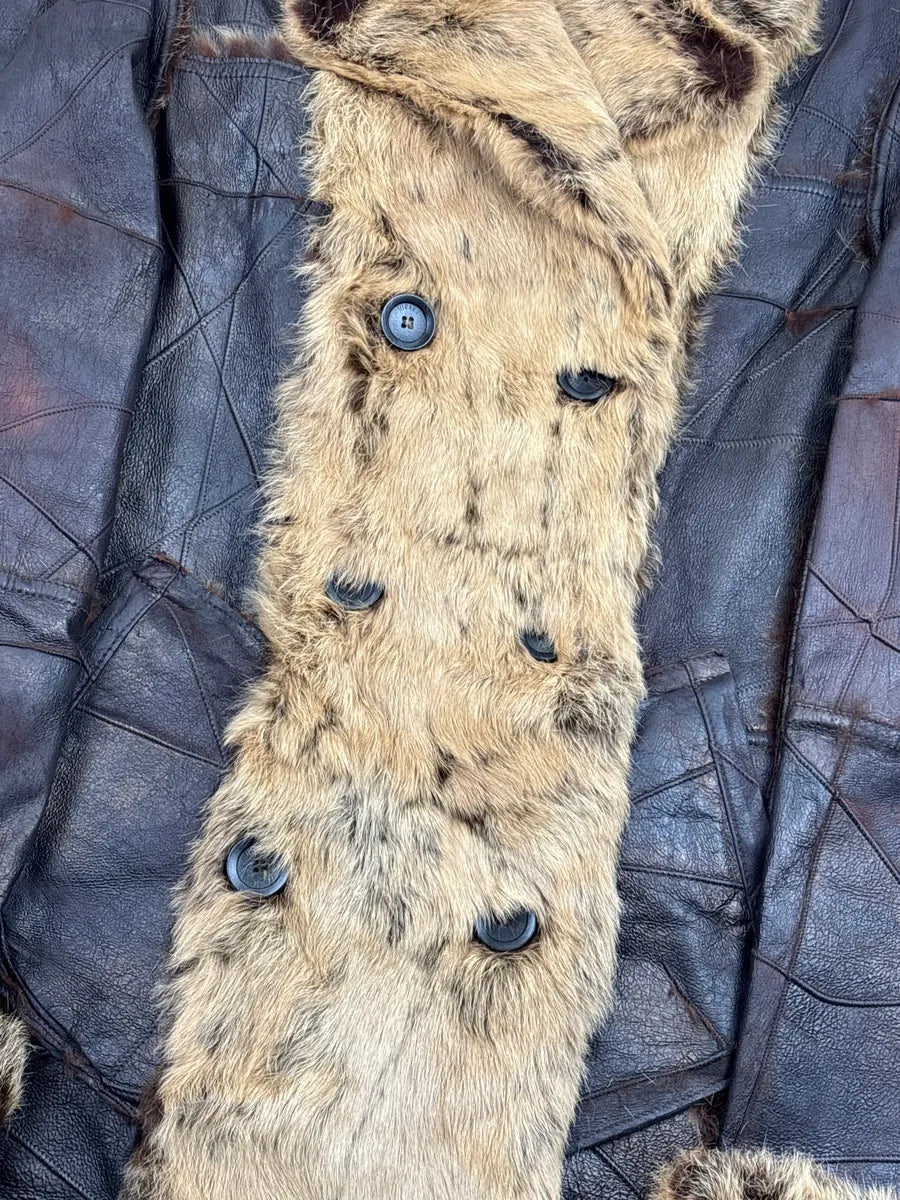 AW2005 Roberto Cavalli Dark Brown Leather Rabbit Fur Patchwork Double-Breasted Coat dWDODtlq 6