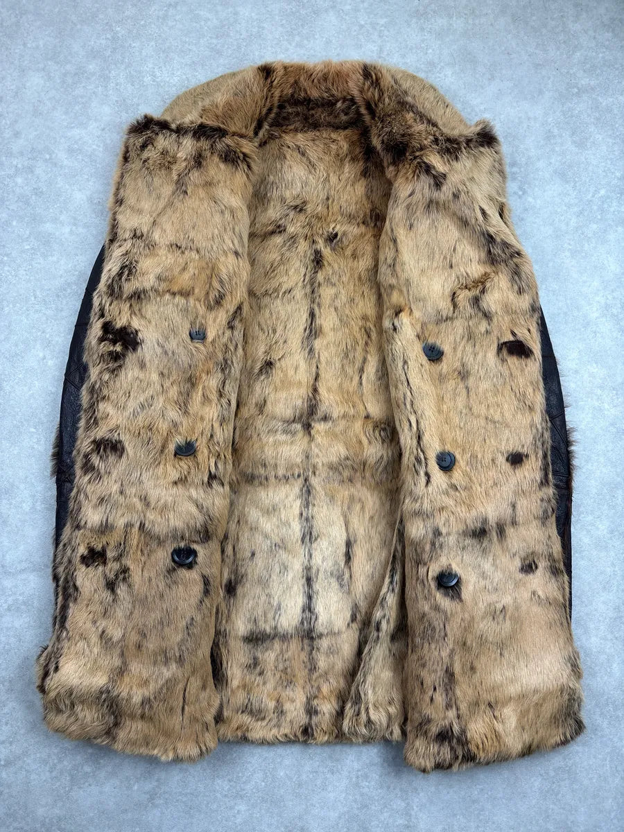 AW2005 Roberto Cavalli Dark Brown Leather Rabbit Fur Patchwork Double-Breasted Coat dWDODtlq 3