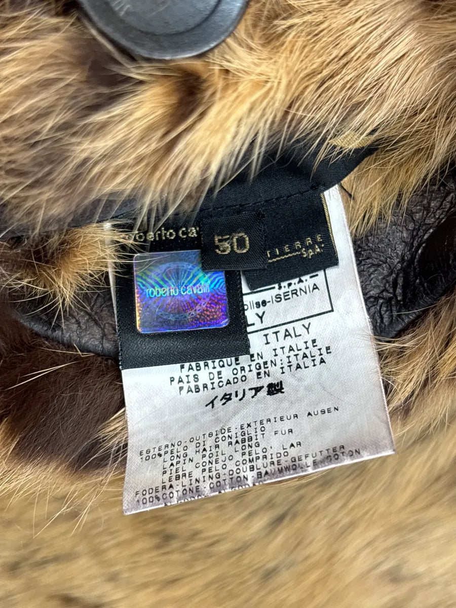 AW2005 Roberto Cavalli Dark Brown Leather Rabbit Fur Patchwork Double-Breasted Coat dWDODtlq 11