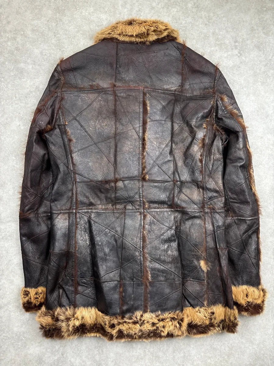 AW2005 Roberto Cavalli Dark Brown Leather Rabbit Fur Patchwork Double-Breasted Coat dWDODtlq 4