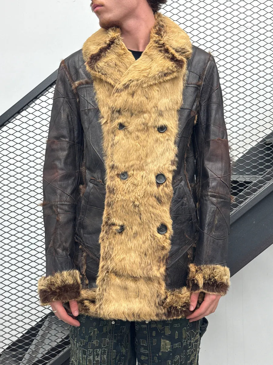 AW2005 Roberto Cavalli Dark Brown Leather Rabbit Fur Patchwork Double-Breasted Coat dWDODtlq 0