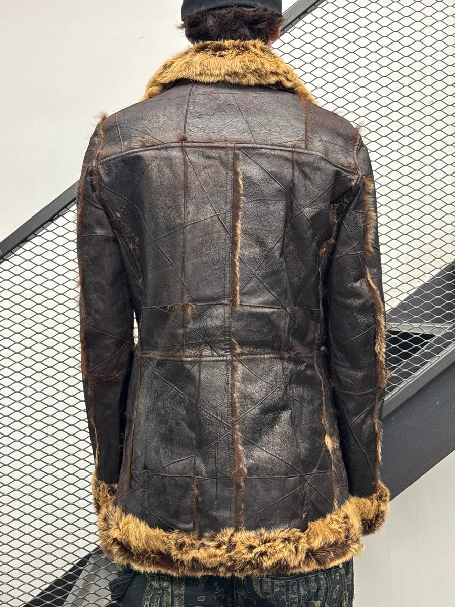 AW2005 Roberto Cavalli Dark Brown Leather Rabbit Fur Patchwork Double-Breasted Coat dWDODtlq 1