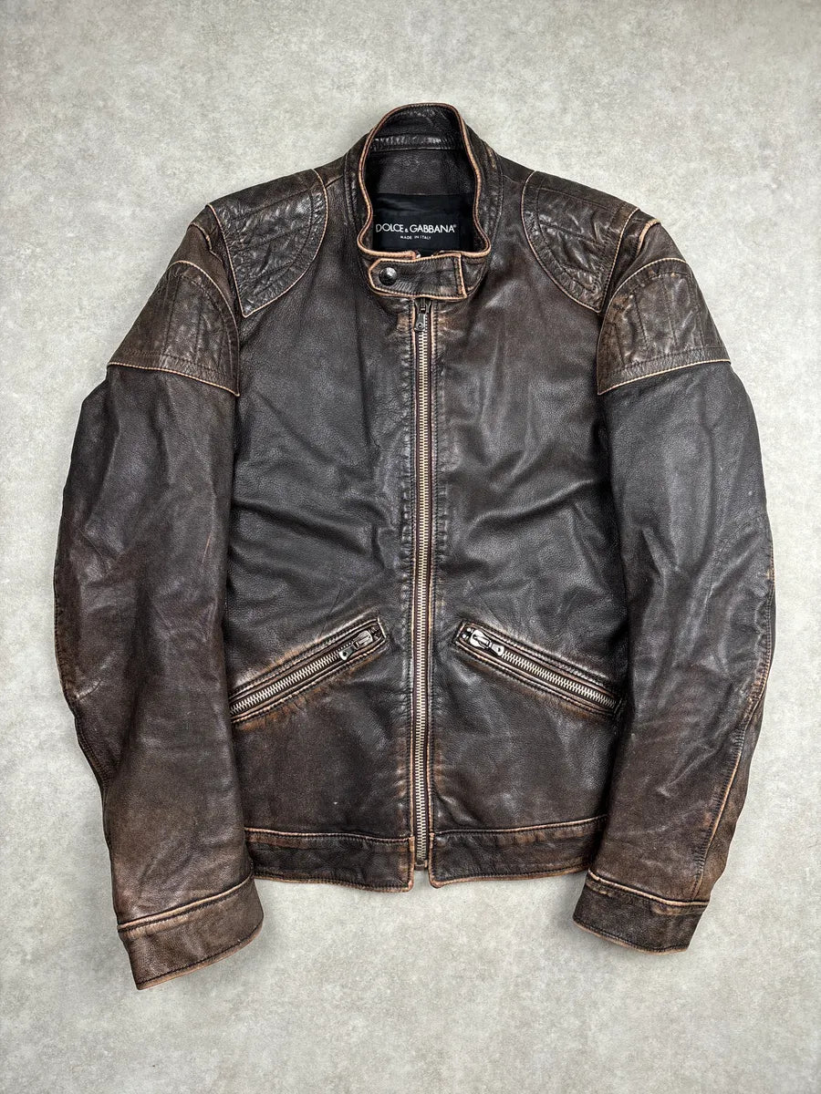 SS2005 Dolce & Gabbana Dark Brown Leather Distressed Biker Leather Jacket dZQVibFW 0