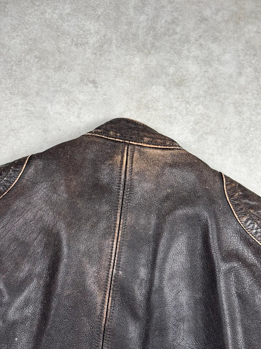 SS2005 Dolce & Gabbana Dark Brown Leather Distressed Biker Leather Jacket dZQVibFW 8