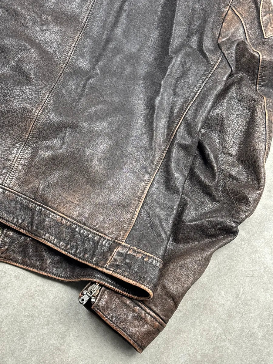 SS2005 Dolce & Gabbana Dark Brown Leather Distressed Biker Leather Jacket dZQVibFW 9