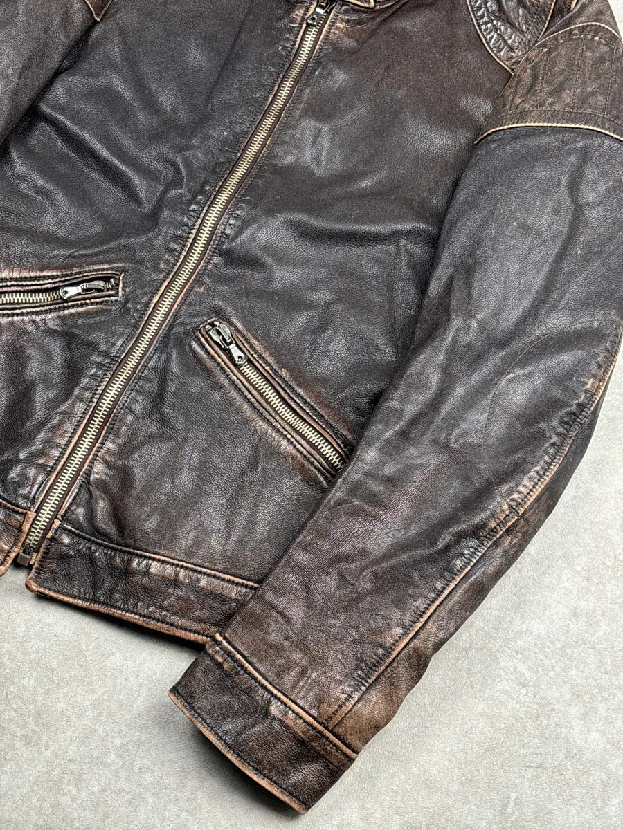 SS2005 Dolce & Gabbana Dark Brown Leather Distressed Biker Leather Jacket dZQVibFW 6