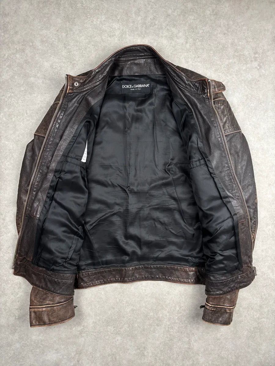 SS2005 Dolce & Gabbana Dark Brown Leather Distressed Biker Leather Jacket dZQVibFW 3