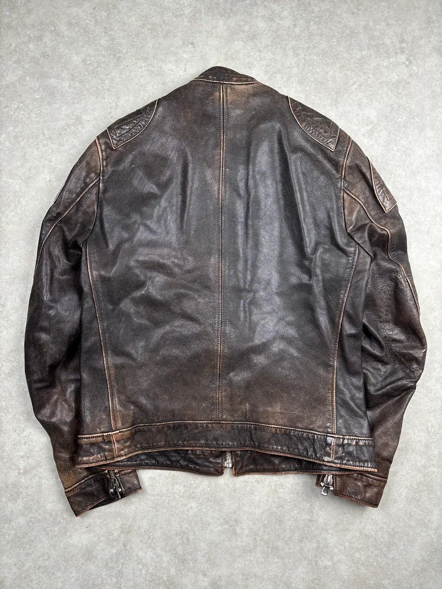 SS2005 Dolce & Gabbana Dark Brown Leather Distressed Biker Leather Jacket dZQVibFW 5