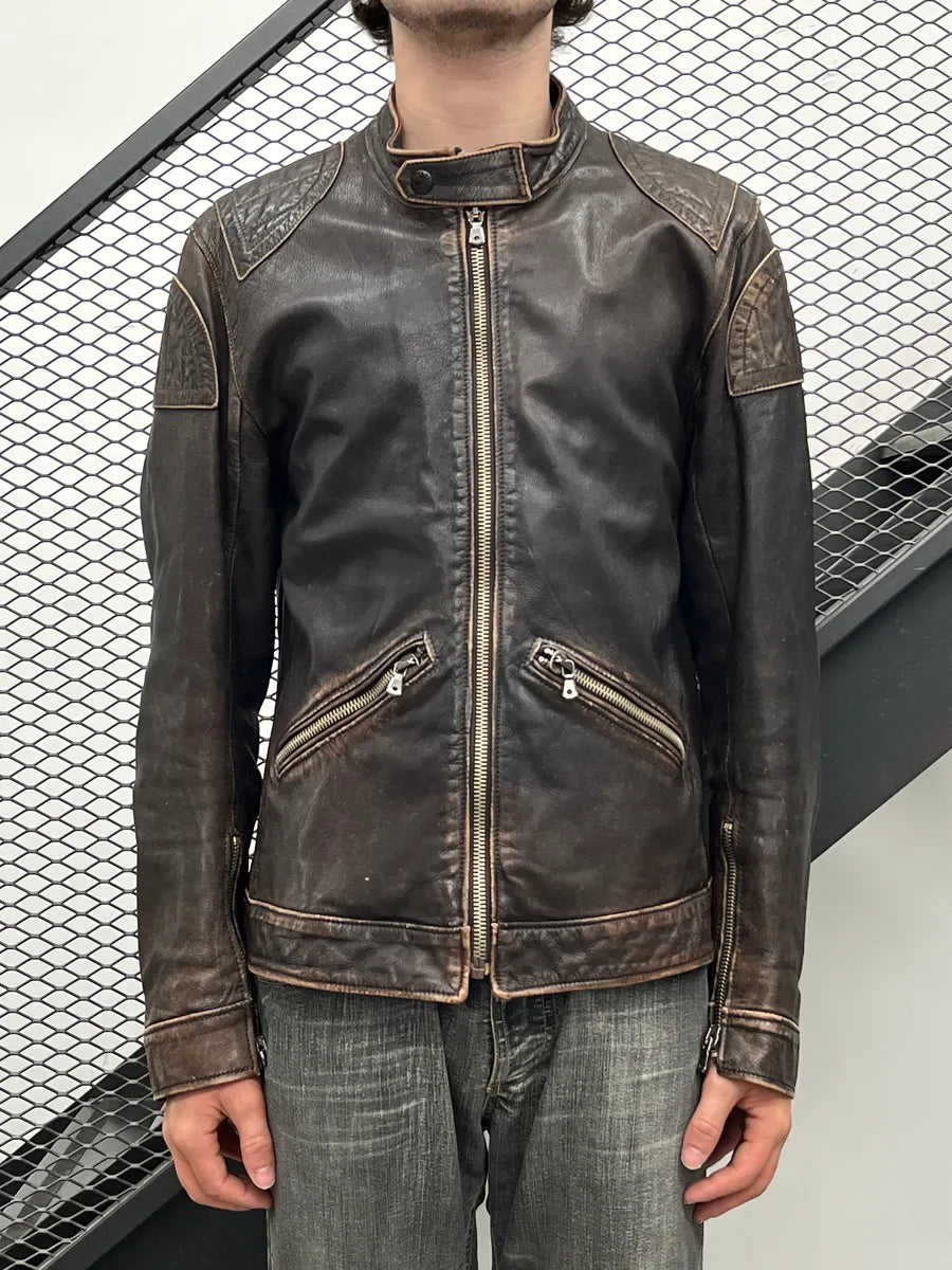 SS2005 Dolce & Gabbana Dark Brown Leather Distressed Biker Leather Jacket dZQVibFW 1