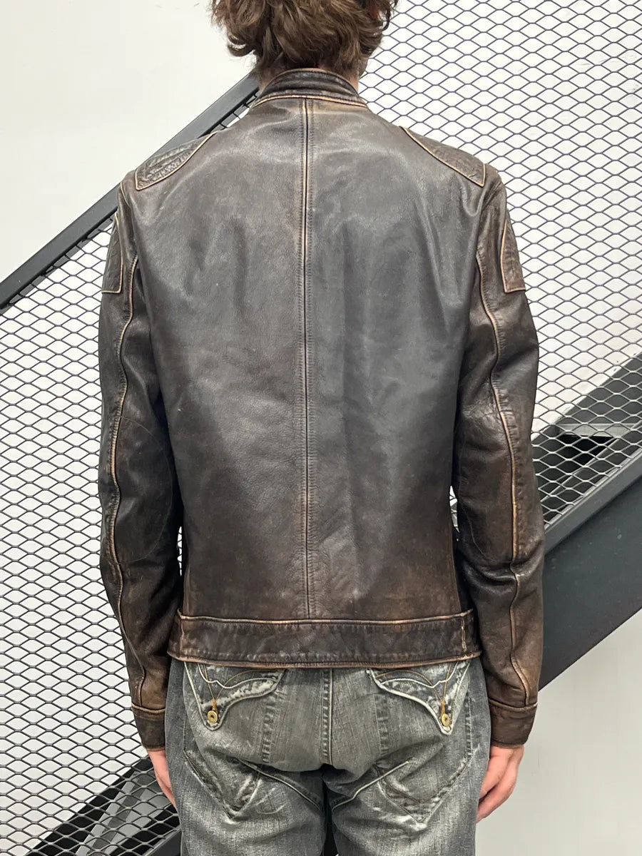 SS2005 Dolce & Gabbana Dark Brown Leather Distressed Biker Leather Jacket dZQVibFW 2