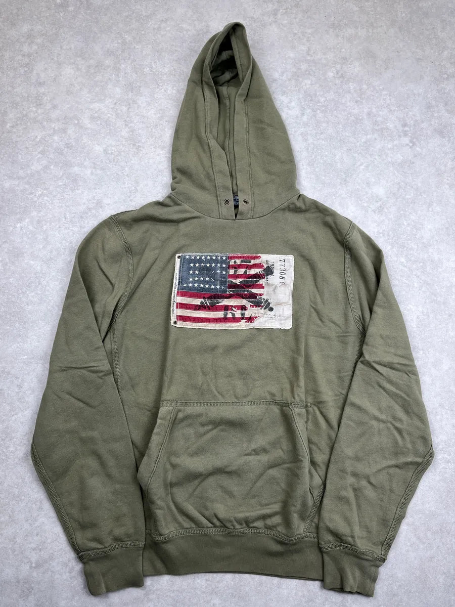 2010s Ralph Lauren Olive American Flag Patch Hoodie dZjVuyFj 1