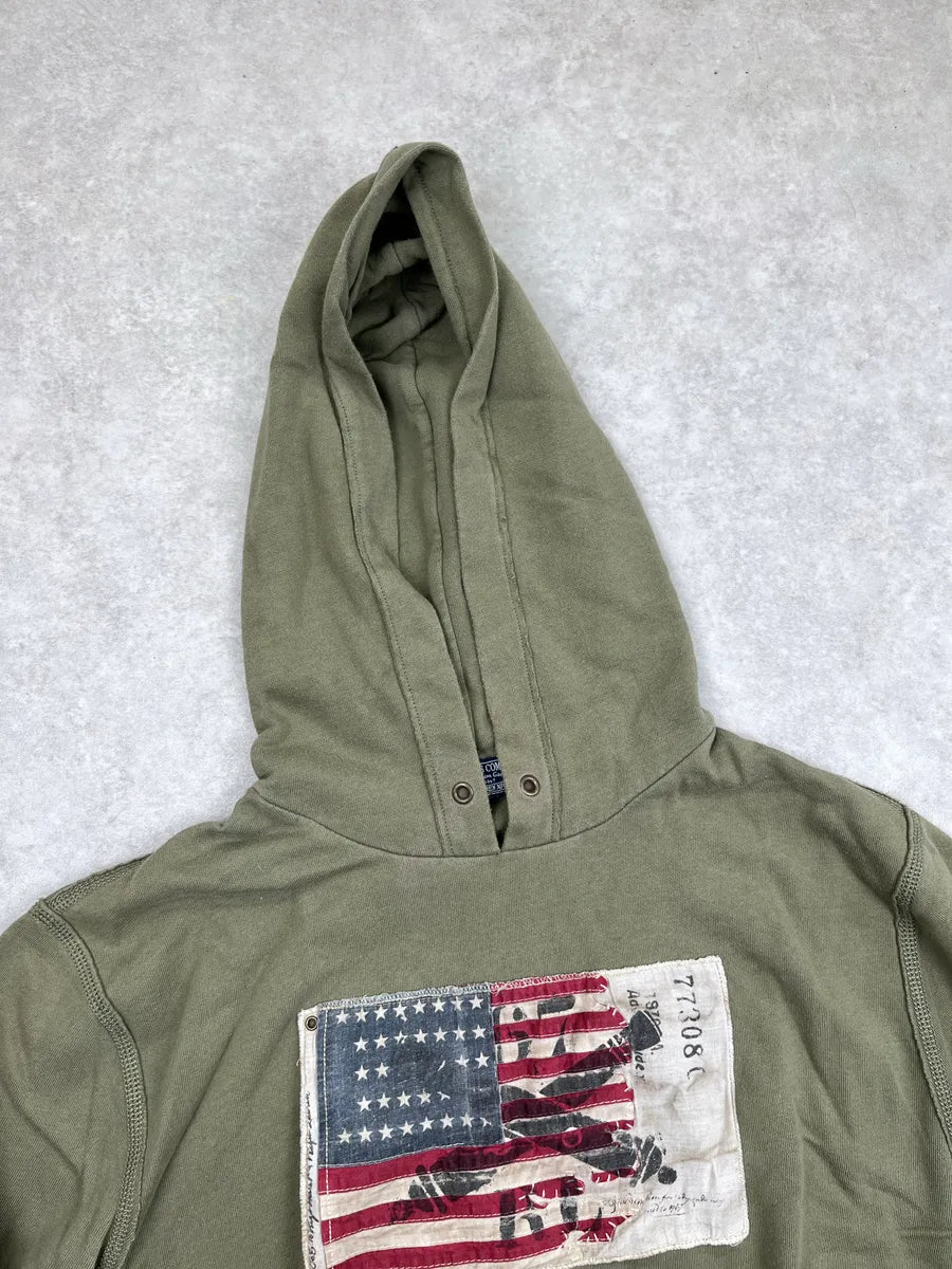 2010s Ralph Lauren Olive American Flag Patch Hoodie dZjVuyFj 4