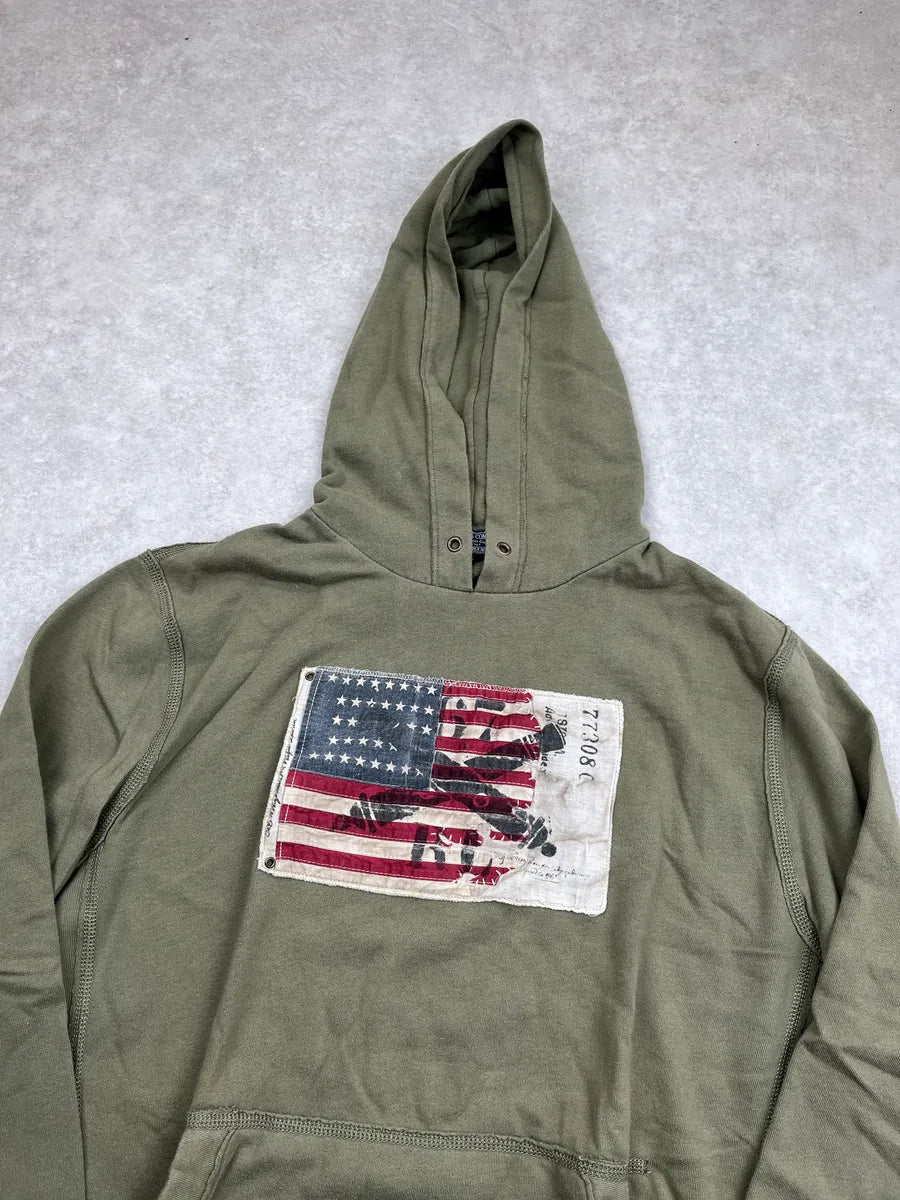 2010s Ralph Lauren Olive American Flag Patch Hoodie dZjVuyFj 6