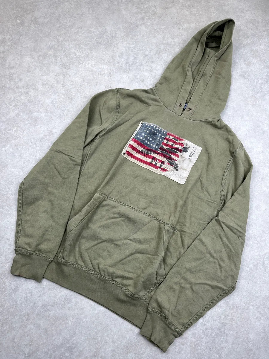 2010s Ralph Lauren Olive American Flag Patch Hoodie dZjVuyFj 7