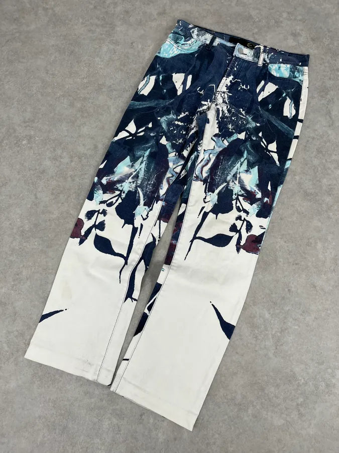 2000s Cavalli White Flowers Punk Navy Pants zIyetpK 5