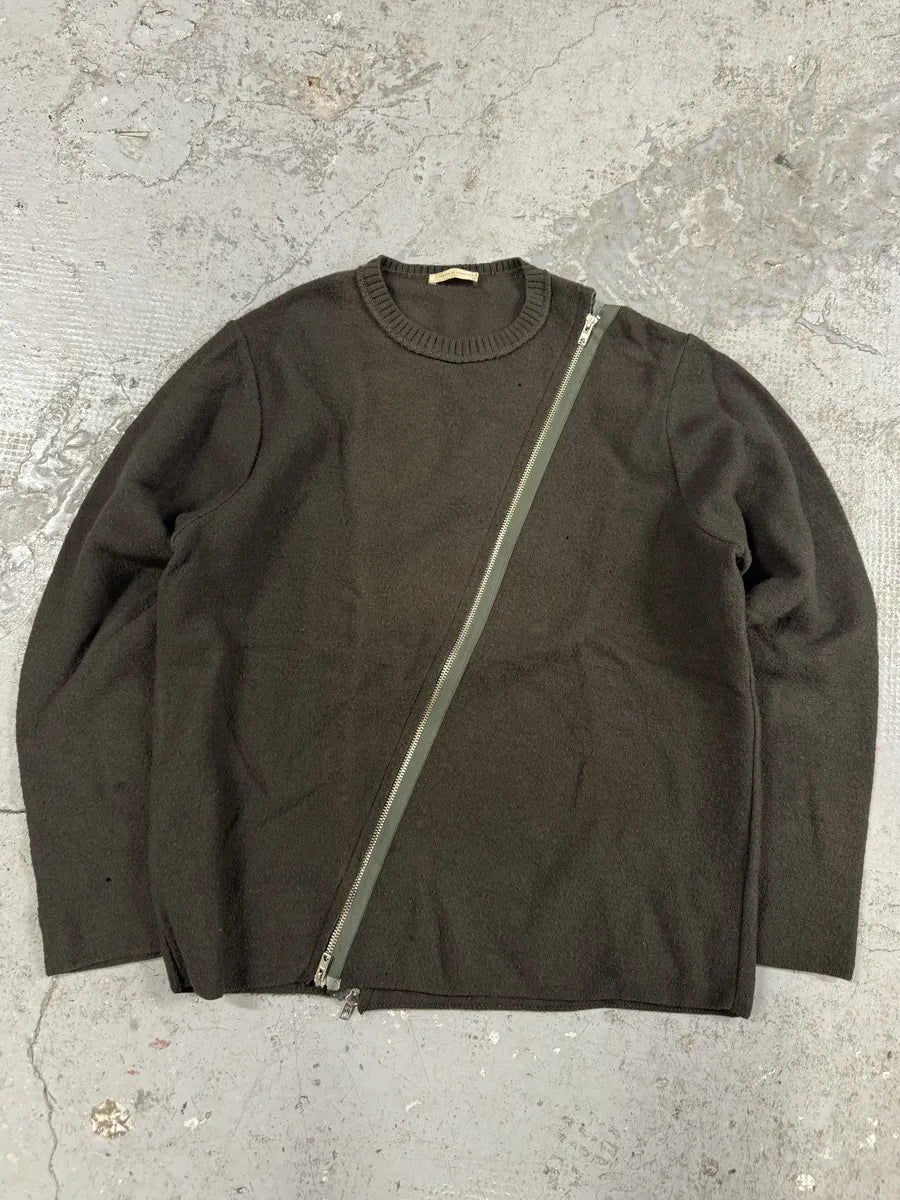 Daniele Alessandrini Asymmetrical Full Zip Brown Wool Sweater (M) 0