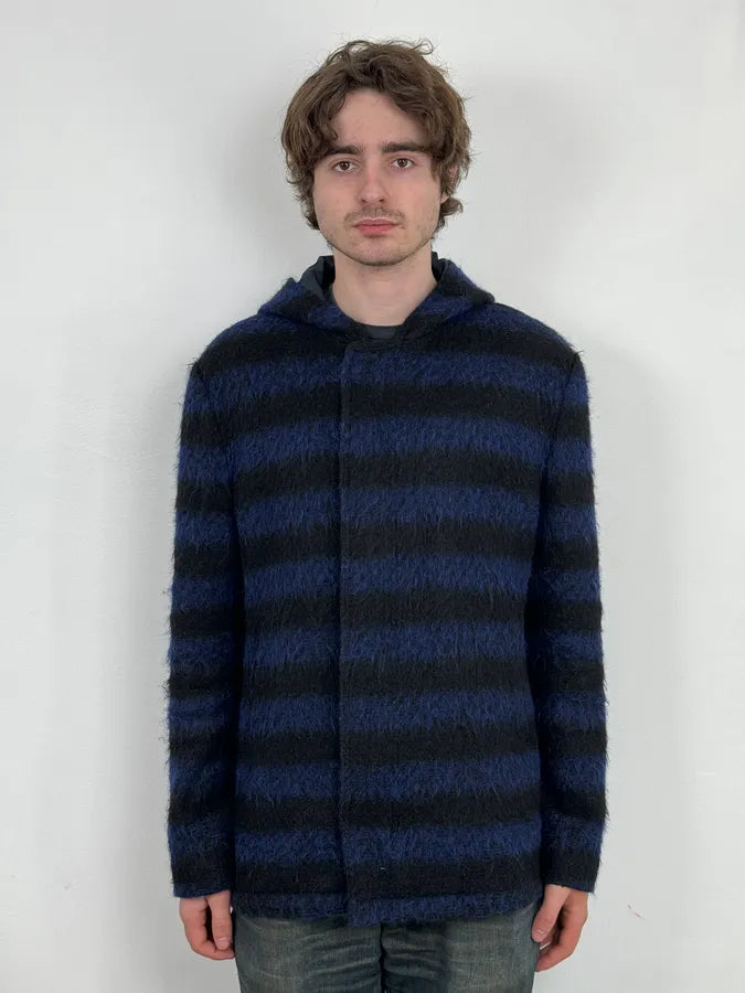 Daniele Alessandrini Black & Blue Striped Wool Hooded Jacket drtoNYF 1