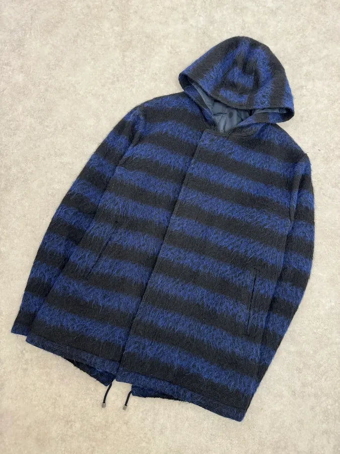 Daniele Alessandrini Black & Blue Striped Wool Hooded Jacket drtoNYF 3