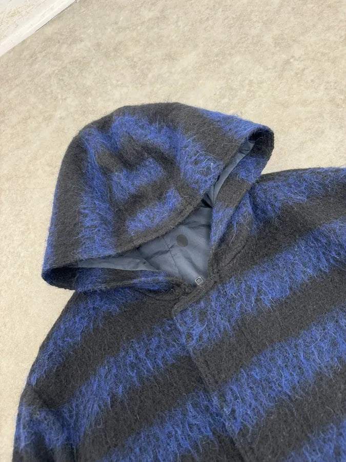 Daniele Alessandrini Black & Blue Striped Wool Hooded Jacket drtoNYF 5