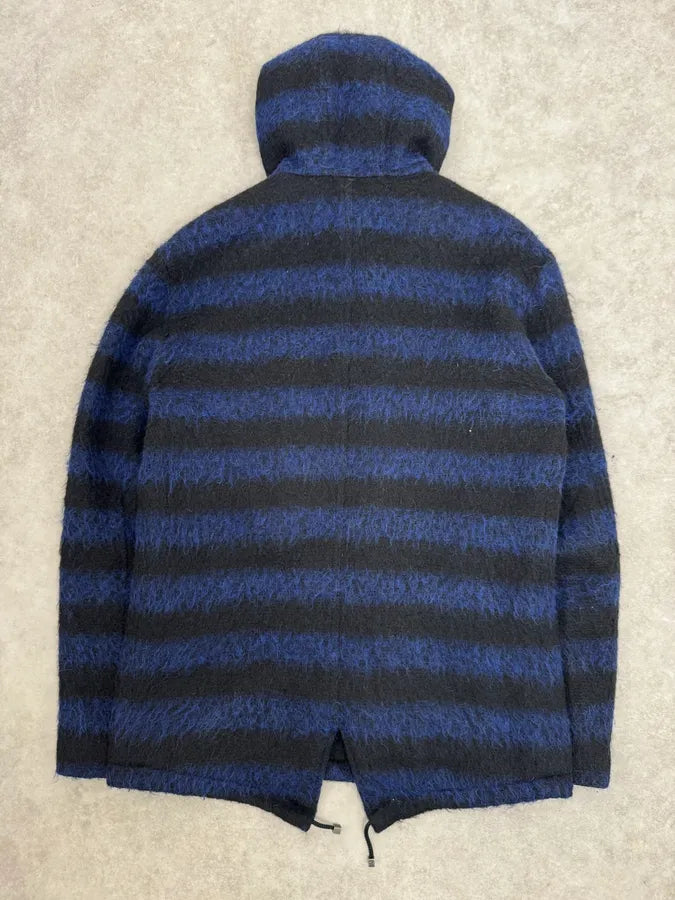 Daniele Alessandrini Black & Blue Striped Wool Hooded Jacket drtoNYF 4