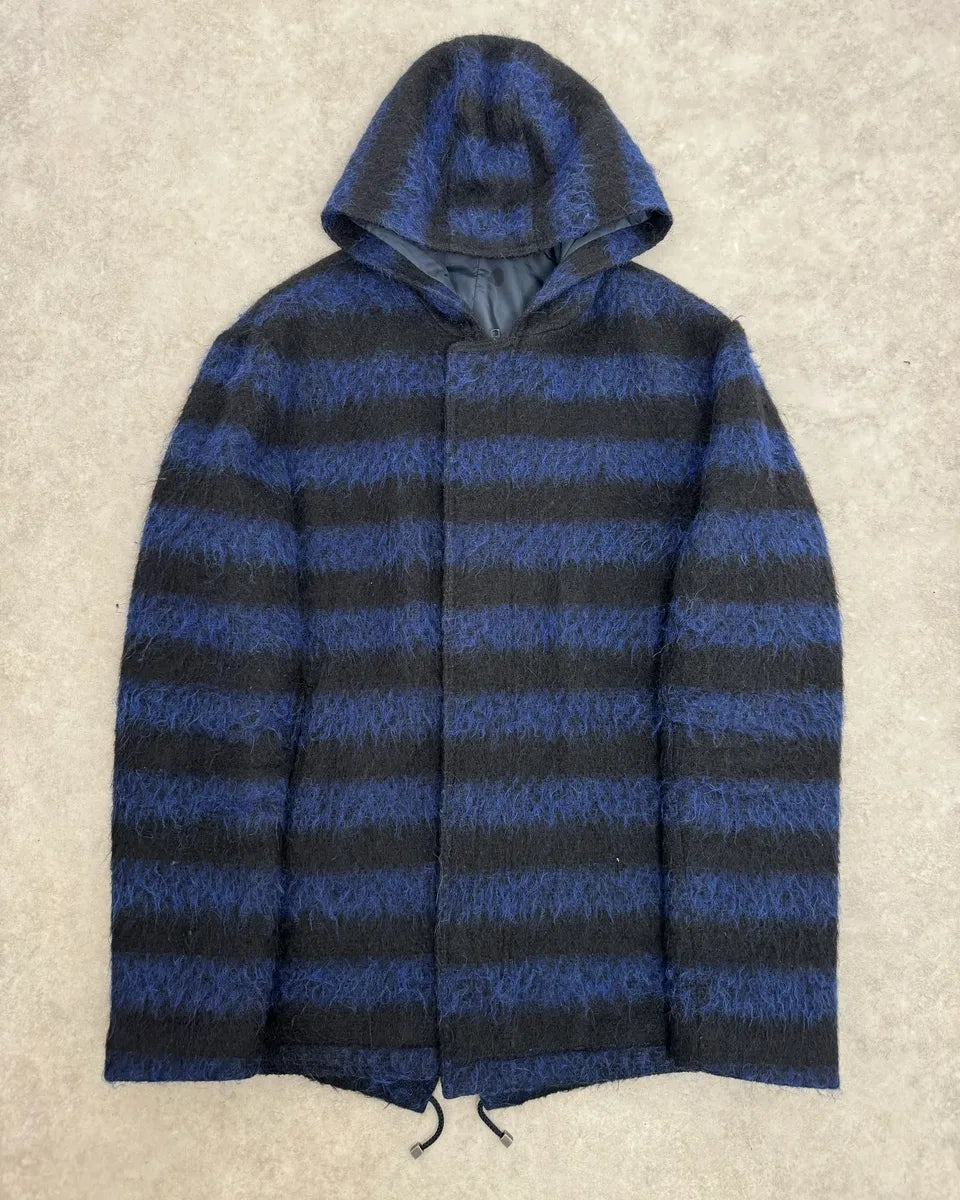 Daniele Alessandrini Black & Blue Striped Wool Hooded Jacket drtoNYF 0