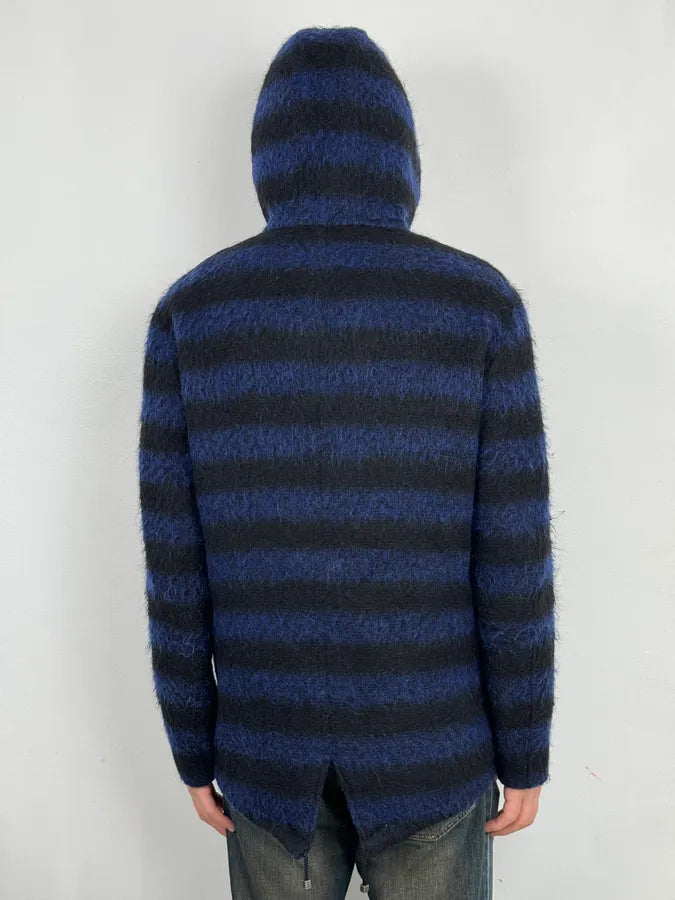 Daniele Alessandrini Black & Blue Striped Wool Hooded Jacket drtoNYF 2