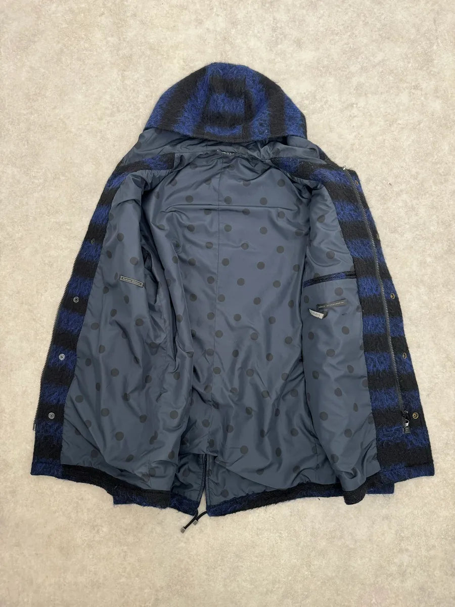 Daniele Alessandrini Black & Blue Striped Wool Hooded Jacket drtoNYF 9