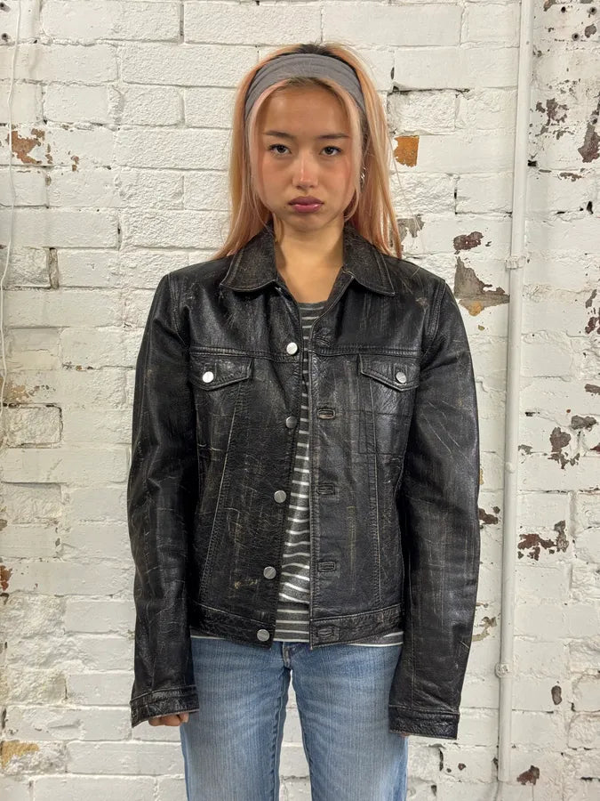 Daniele Alessandrini Eroded Black Leather Trucker Jacket MelYXOM 4
