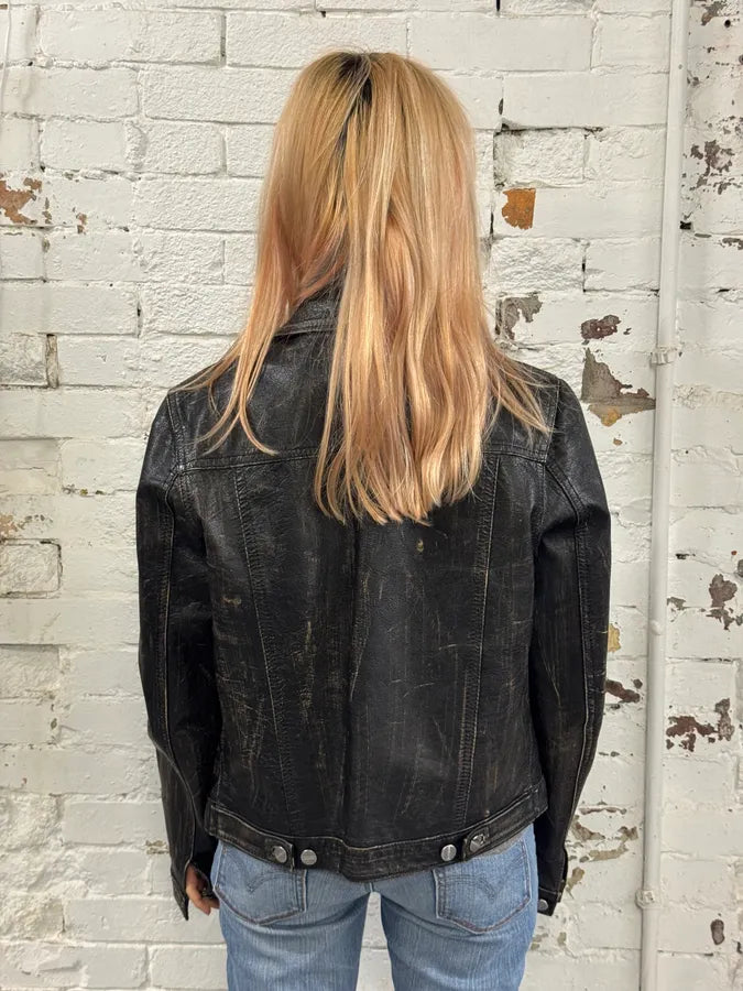 Daniele Alessandrini Eroded Black Leather Trucker Jacket MelYXOM 5