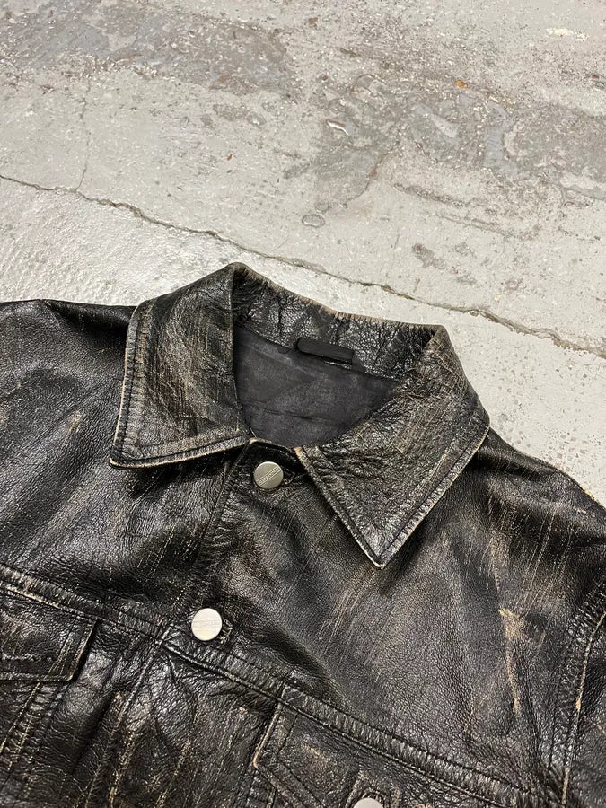 Daniele Alessandrini Eroded Black Leather Trucker Jacket MelYXOM 6
