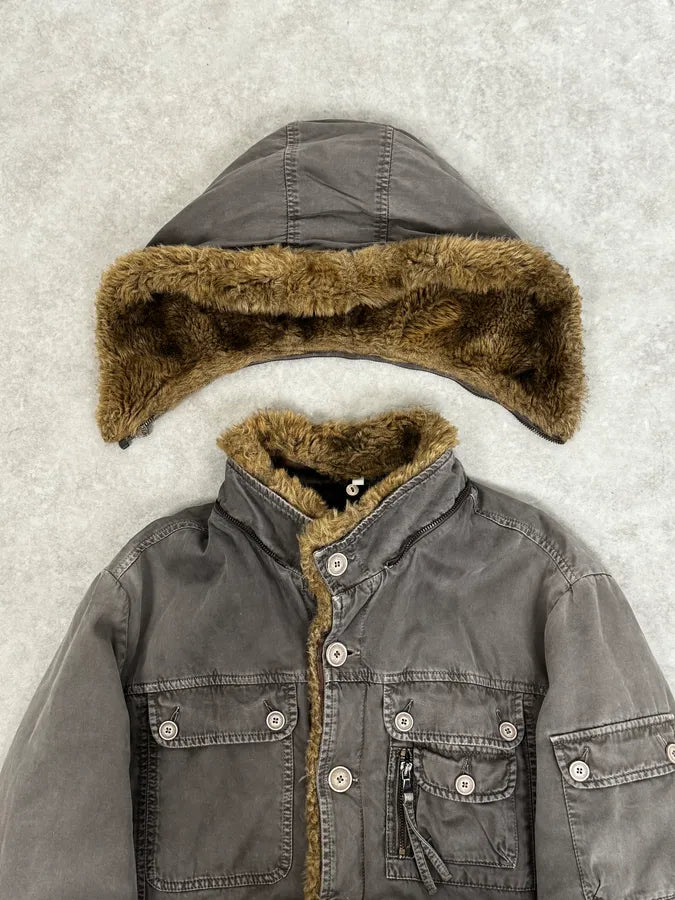 Daniele Alessandrini Grey Removable Hood Fur Cargo Jacket cyRPwGg 6