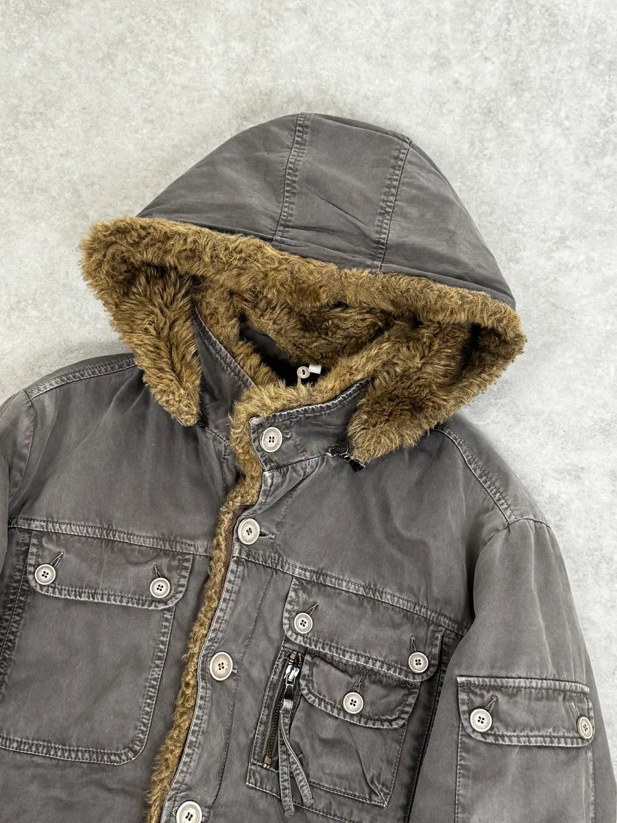 Daniele Alessandrini Grey Removable Hood Fur Cargo Jacket cyRPwGg 4