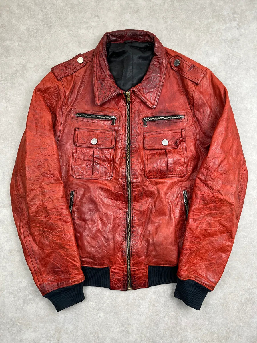 Daniele Alessandrini Red Leather Multi-Pocket Bomber Jacket wyTLlom 0