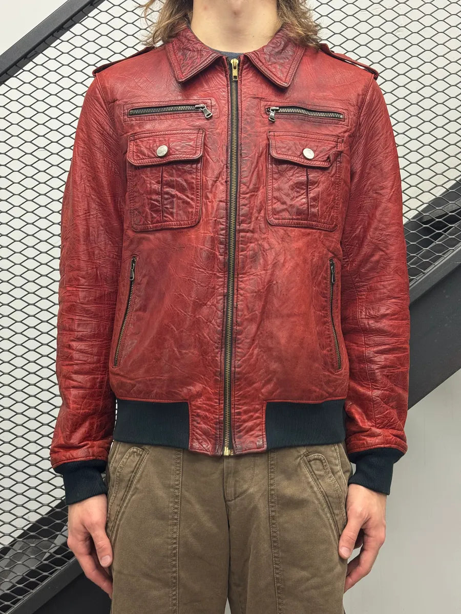 Daniele Alessandrini Red Leather Multi-Pocket Bomber Jacket wyTLlom 1