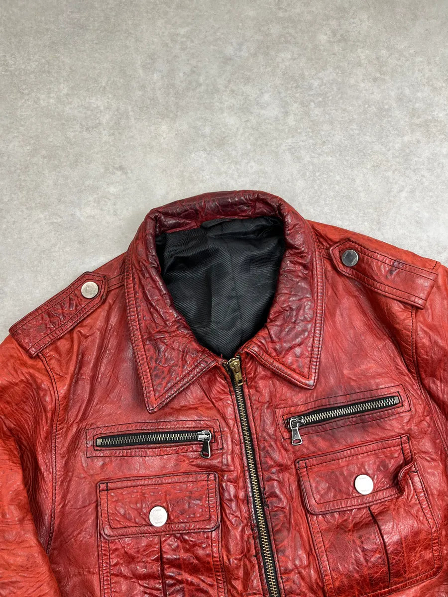 Daniele Alessandrini Red Leather Multi-Pocket Bomber Jacket wyTLlom 5