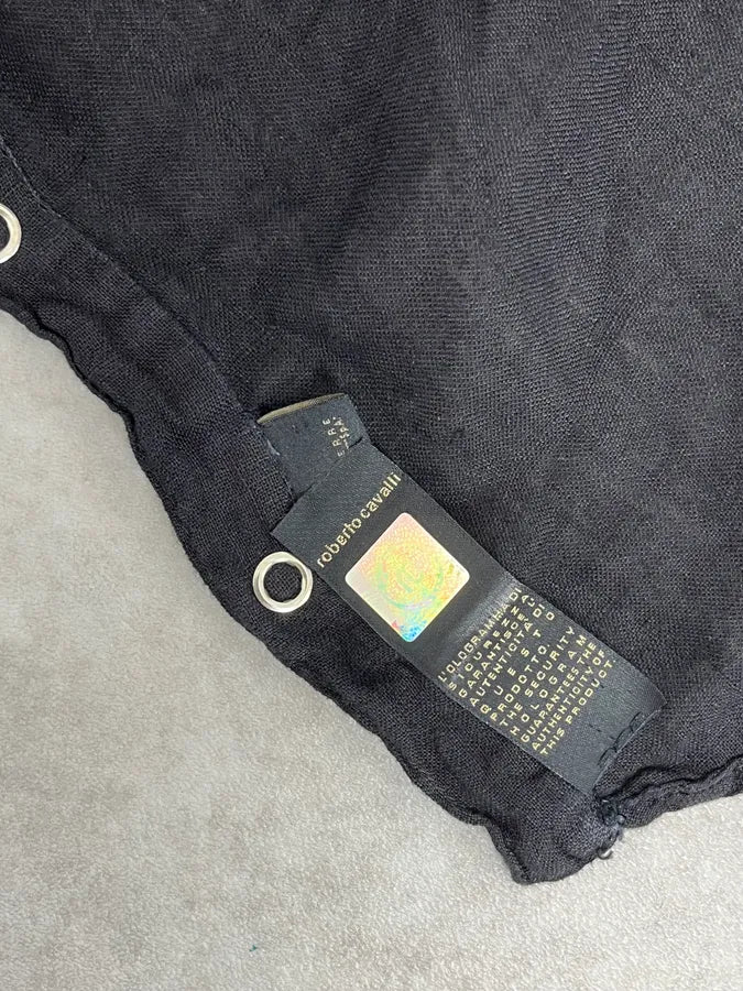 2000s Cavalli Black Hybrid Linen & Leather Henley Shirt FJcbvRW 8