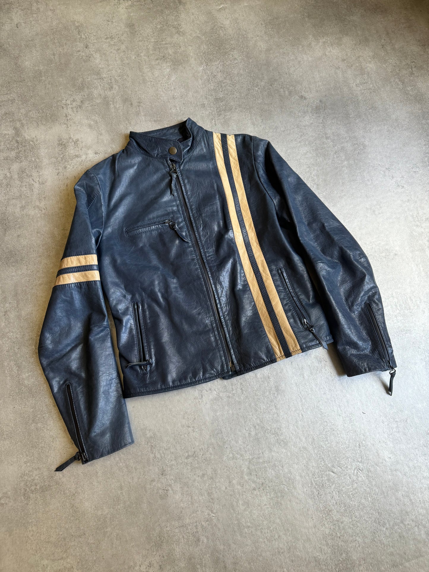 2000s Dolce & Gabbana Stripes Navy Leather Biker Racer Jacket (XS/S) - 3