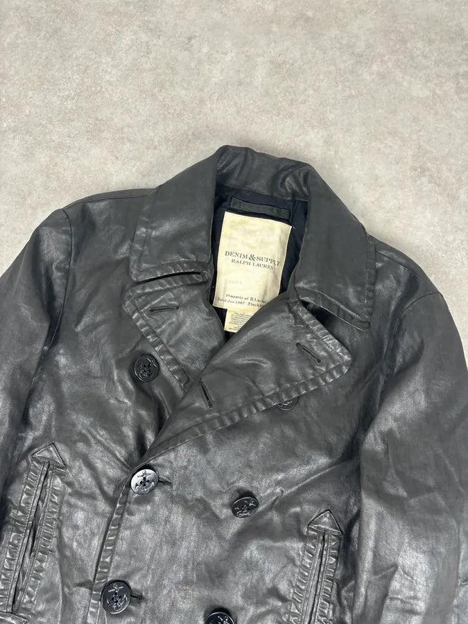AW2015 Ralph Lauren Black Officer Waxed Double-Breasted Coat ZEgUFtb 3