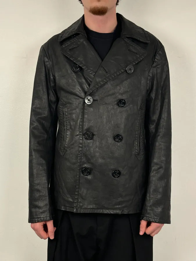 AW2015 Ralph Lauren Black Officer Waxed Double-Breasted Coat ZEgUFtb 1