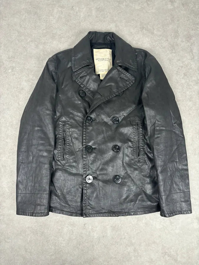 AW2015 Ralph Lauren Black Officer Waxed Double-Breasted Coat ZEgUFtb 0