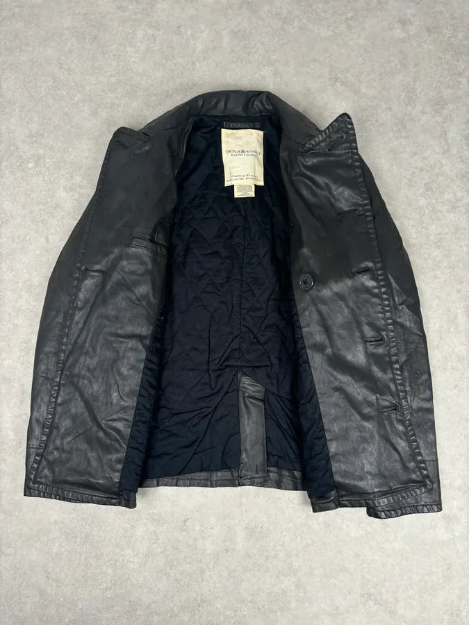 AW2015 Ralph Lauren Black Officer Waxed Double-Breasted Coat ZEgUFtb 6