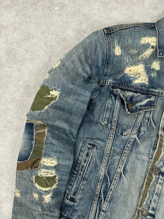 2010s Ralph Lauren Blue Camo Distressed Denim Jacket kIHEVDb 7