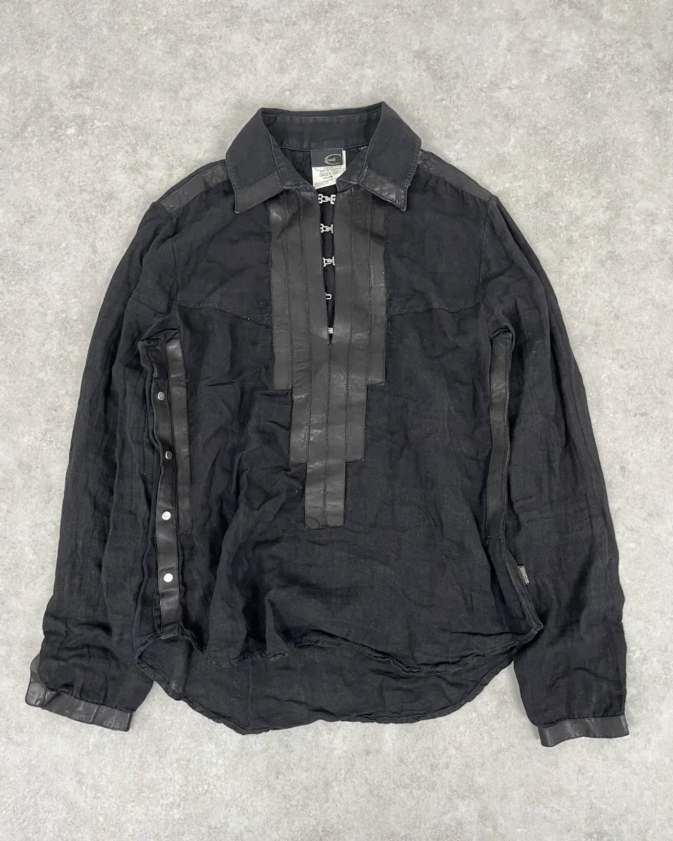 2000s Cavalli Black Hybrid Linen & Leather Henley Shirt FJcbvRW 0