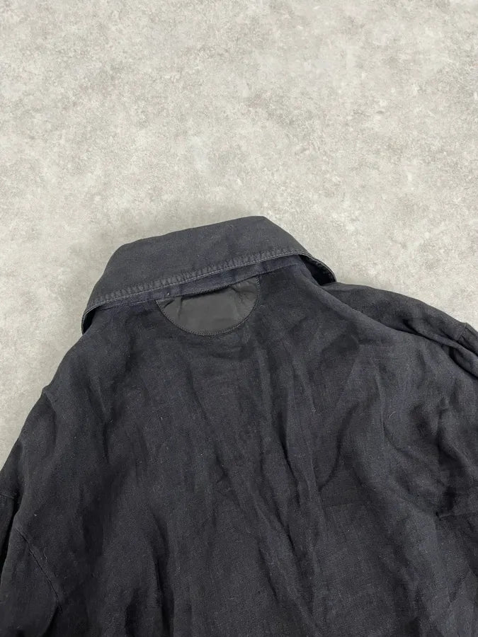 2000s Cavalli Black Hybrid Linen & Leather Henley Shirt FJcbvRW 5