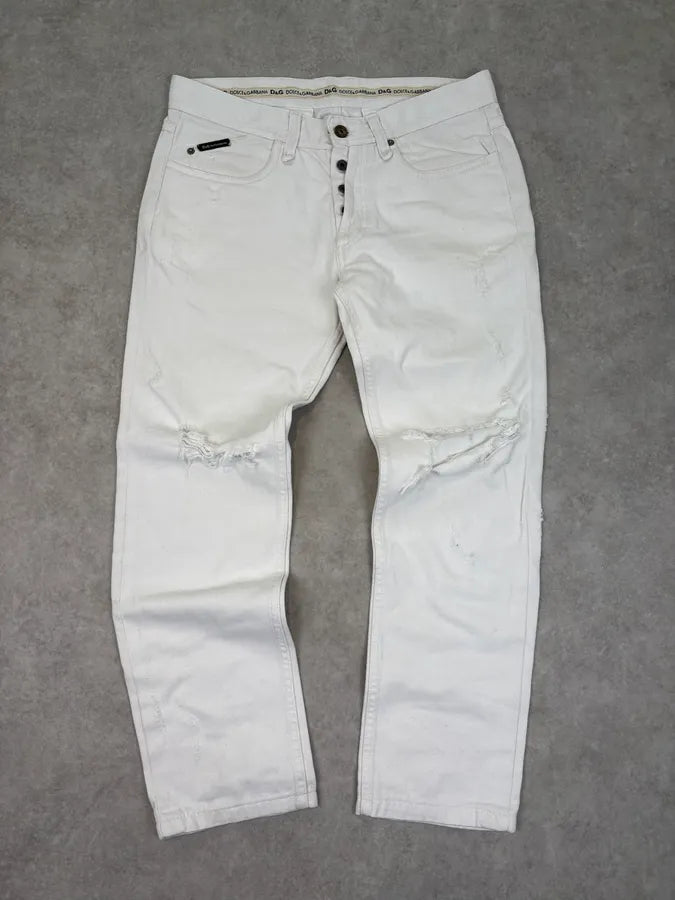 SS2004 Dolce & Gabbana Distressed White Denim Jeans GJYzktm 0