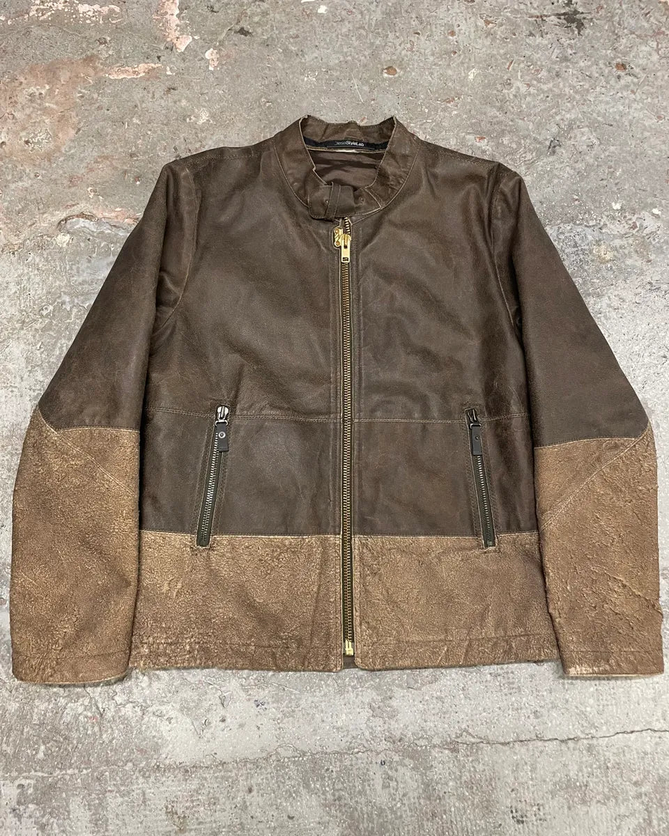 Diesel Avant-Garde Textured Hybrid Brown Leather Jacket (L) GsqGlmy 0