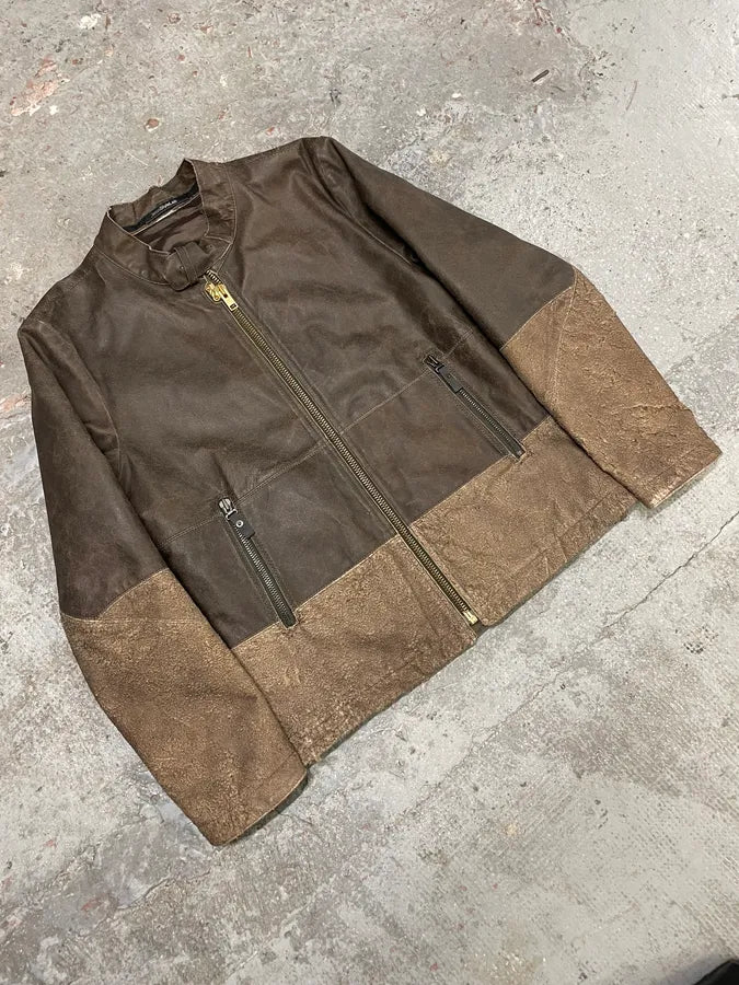 Diesel Avant-Garde Textured Hybrid Brown Leather Jacket (L) GsqGlmy 4