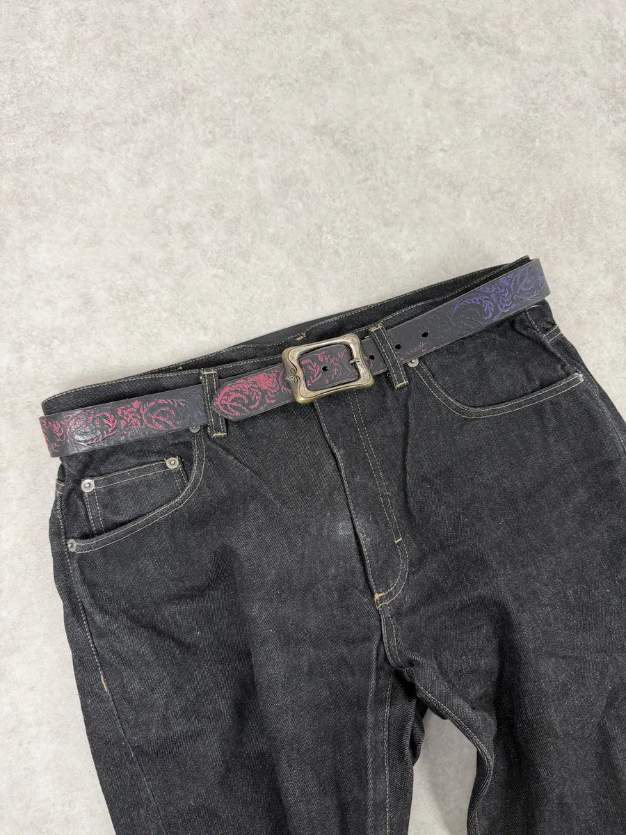 Diesel Black Embroidered Purple & Pink Pattern Belt tPCiKUA 0